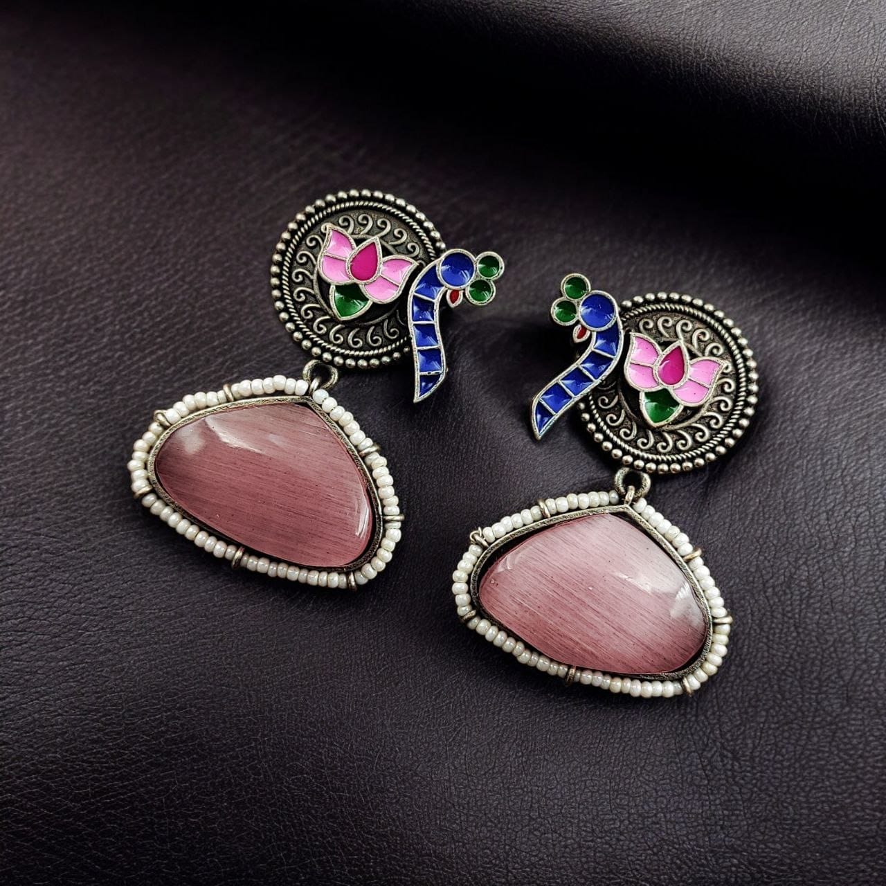 Handpainted Peacock Earrings | Best Monalisa Stone Stud with Lotus Touch - Image 8