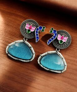 Handpainted Peacock Earrings | Best Monalisa Stone Stud with Lotus Touch
