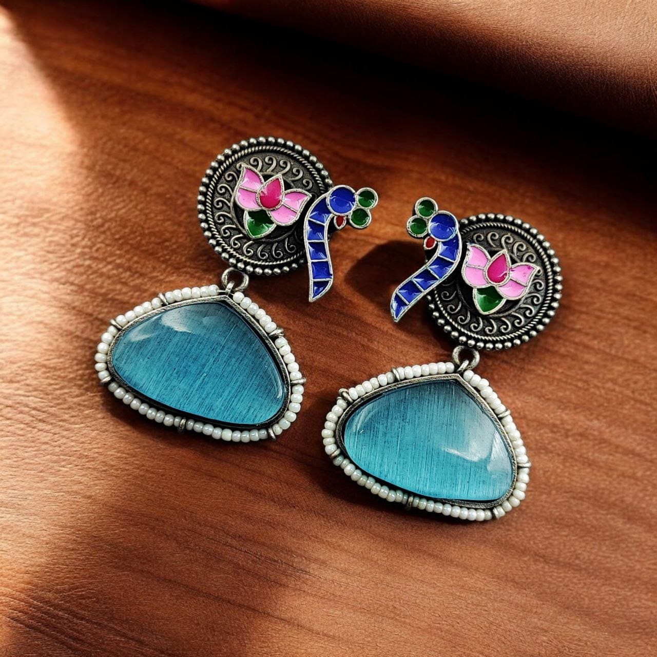 Handpainted Peacock Earrings | Best Monalisa Stone Stud with Lotus Touch