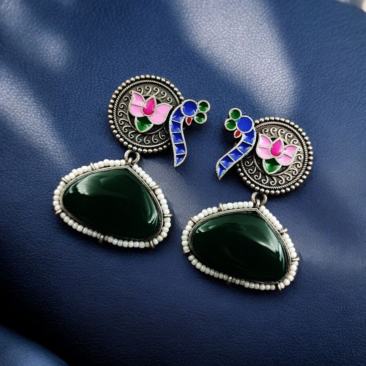 Handpainted Peacock Earrings | Best Monalisa Stone Stud with Lotus Touch - Image 5