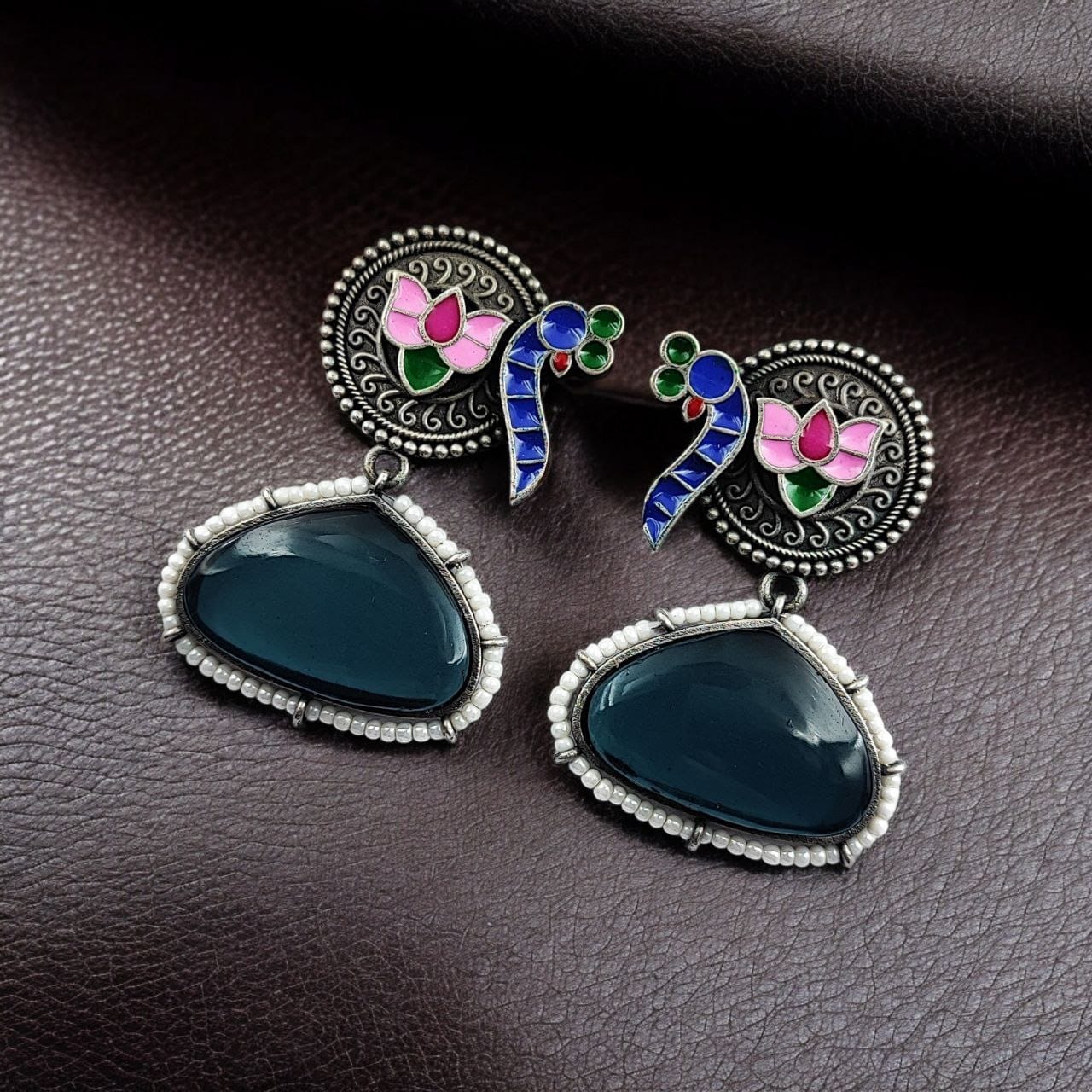 Handpainted Peacock Earrings | Best Monalisa Stone Stud with Lotus Touch - Image 6