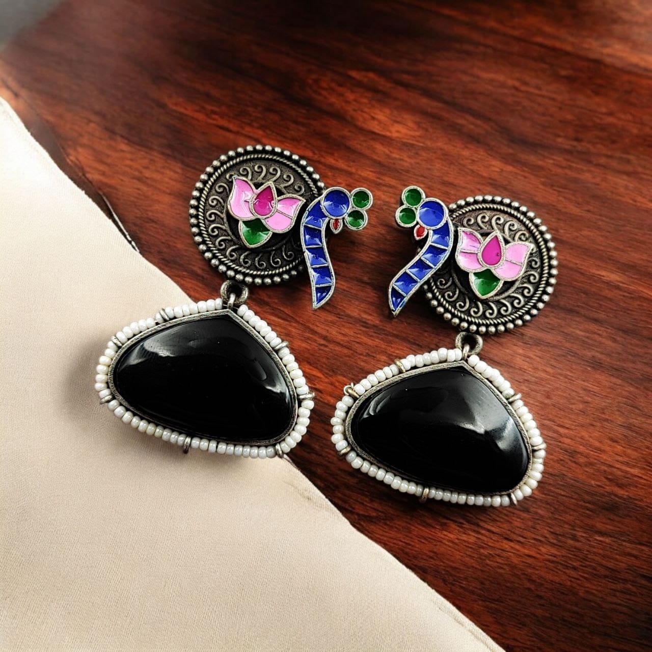 Handpainted Peacock Earrings | Best Monalisa Stone Stud with Lotus Touch - Image 4