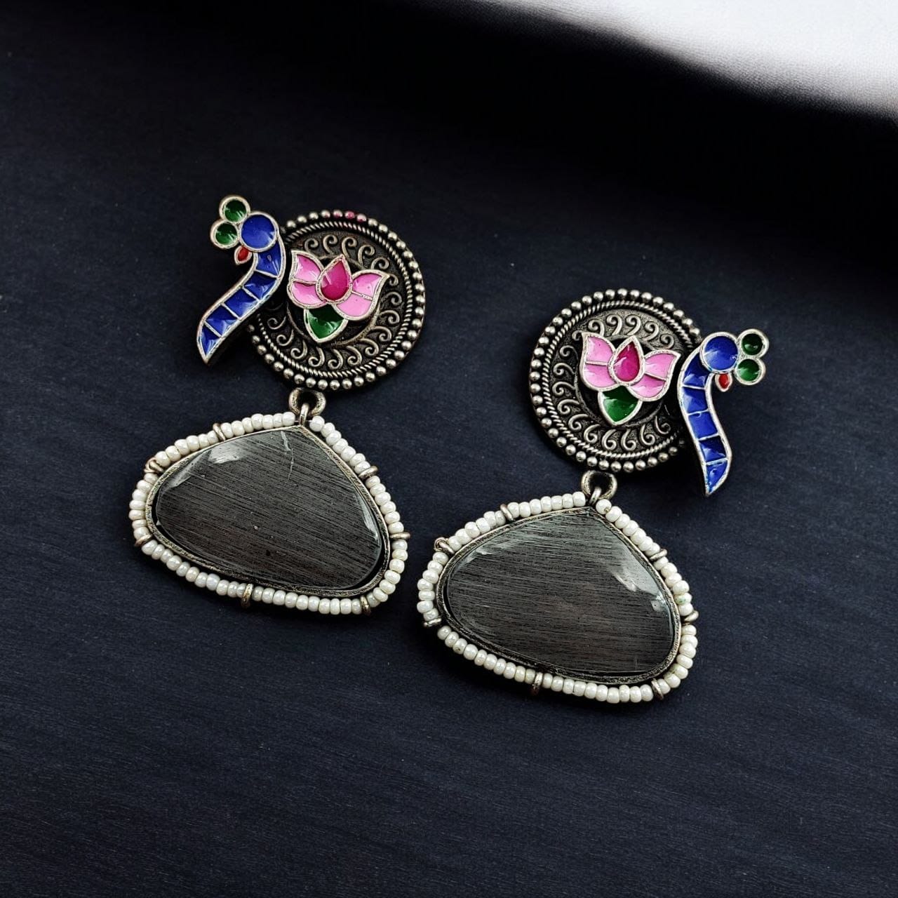 Handpainted Peacock Earrings | Best Monalisa Stone Stud with Lotus Touch - Image 3
