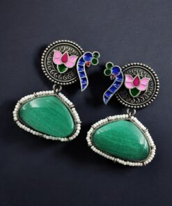 Alternative view of Handpainted Peacock Earrings | Best Monalisa Stone Stud with Lotus Touch