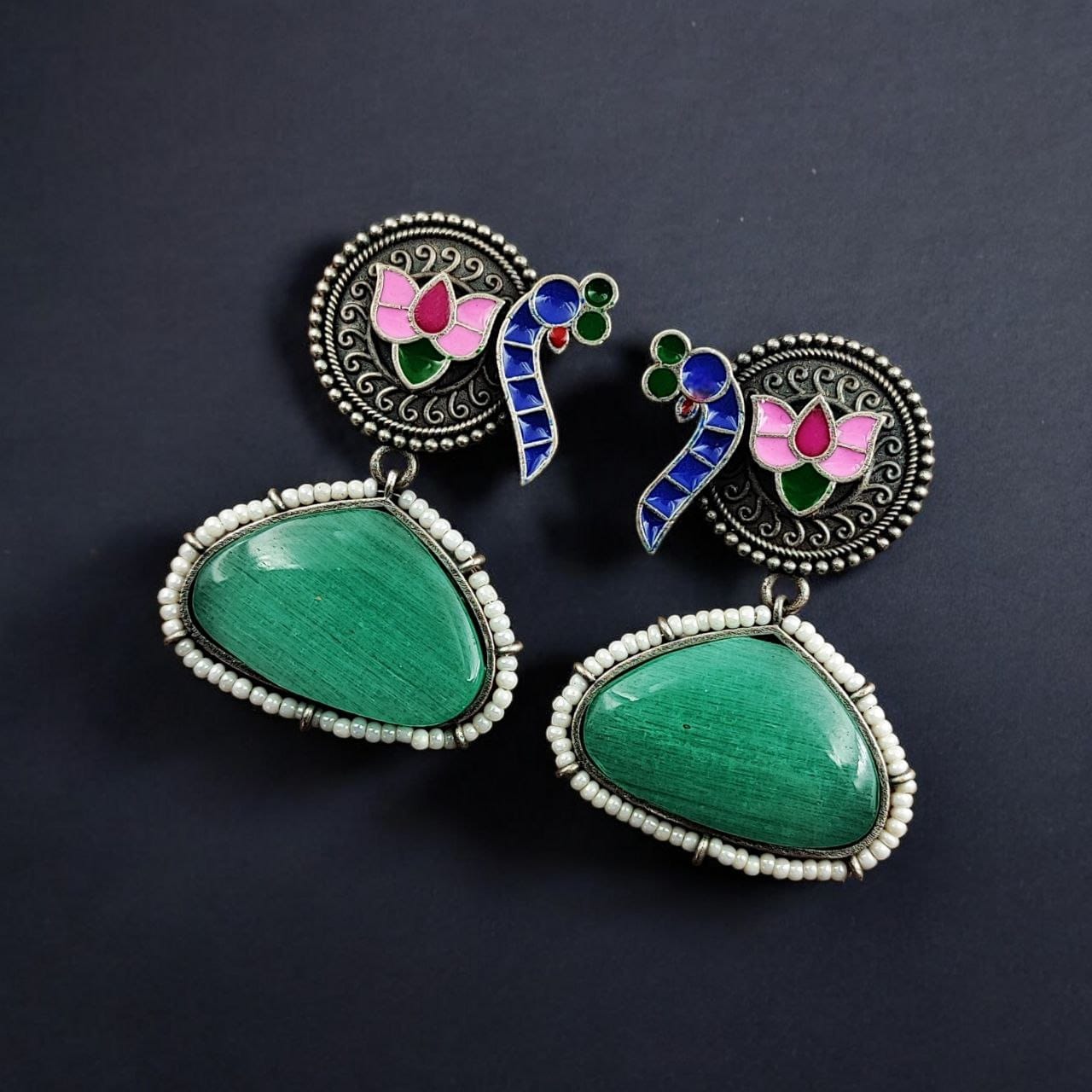 Handpainted Peacock Earrings | Best Monalisa Stone Stud with Lotus Touch - Image 2