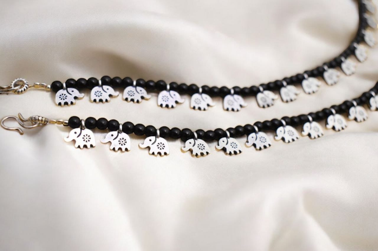 Silver Elephant Charm Anklets with Black Beads | Handcrafted Affordable Stylish Payal - Image 2