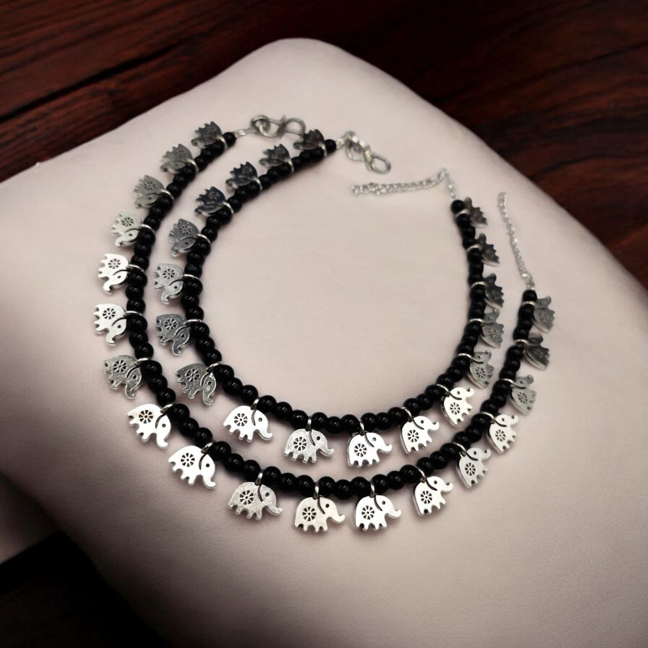 Silver Elephant Charm Anklets with Black Beads | Handcrafted Affordable Stylish Payal - Image 3