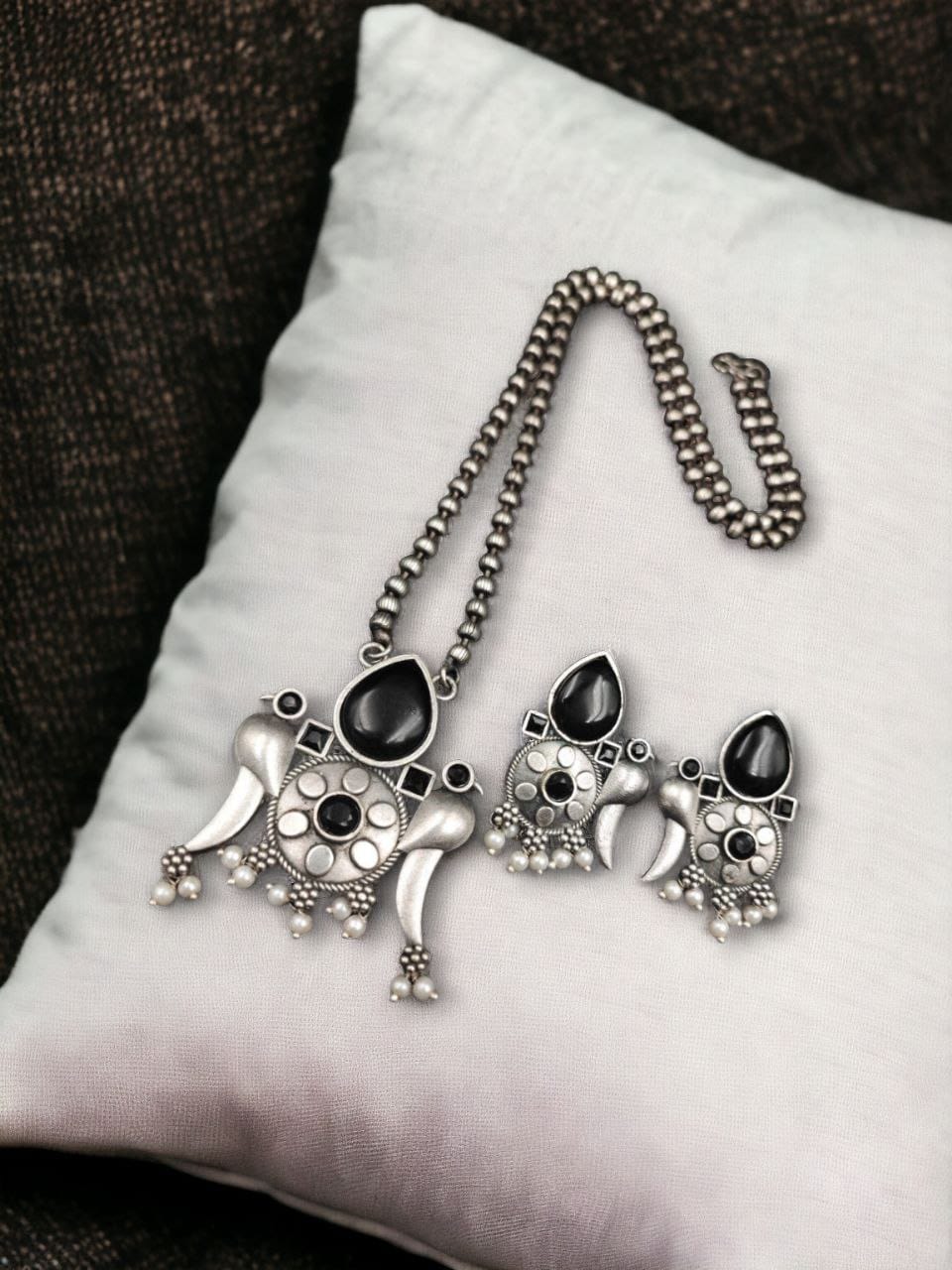 Perfect Brass Necklace with Monalisa Stone and Bird Design, Ethnic Set with Matching Earrings