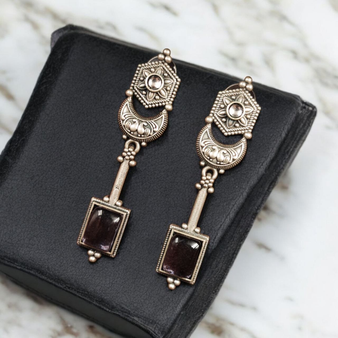 Traditional Silver Replica Earrings | Best Oxidized Dangler Stone Earring - Image 10