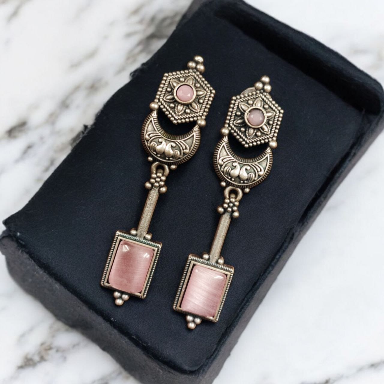 Traditional Silver Replica Earrings | Best Oxidized Dangler Stone Earring - Image 9