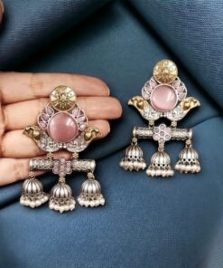 Alternative view of Dual Tone Monalisa Stone Jhumki Stud Earrings ? A Perfect Match for Ethnic Wear