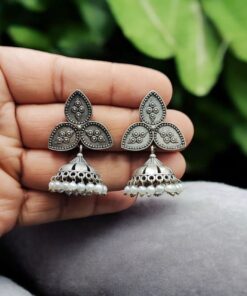 Alternative view of Stylish Silver Replica Jhumka with Adorable Oxidised Leaf Stud & Pearl Drops