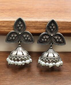 Stylish Silver Replica Jhumka with Adorable Oxidised Leaf Stud & Pearl Drops