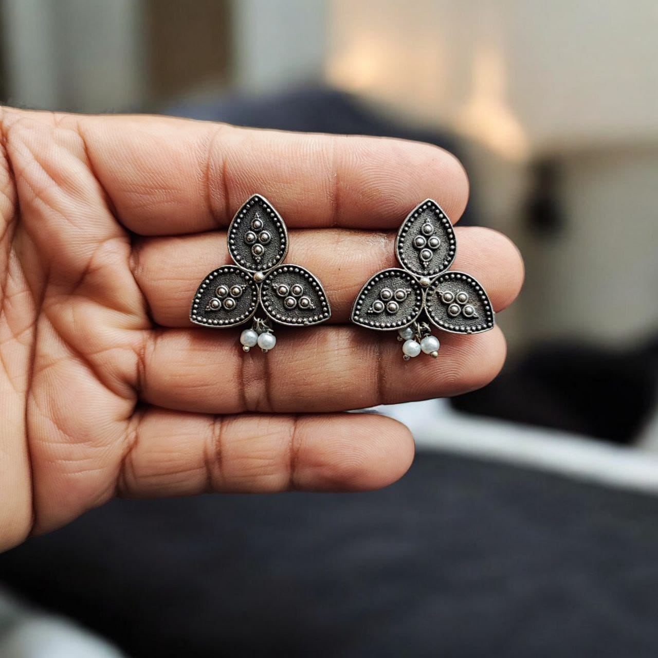 Traditional Oxidised Leaf Stud Earrings with Pearl Beads & Silver Replica Finish - Image 2