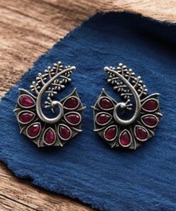 Alternative view of Stylish Oxidized Earrings with Unique Peacock Design & Stunning Stone Detailing