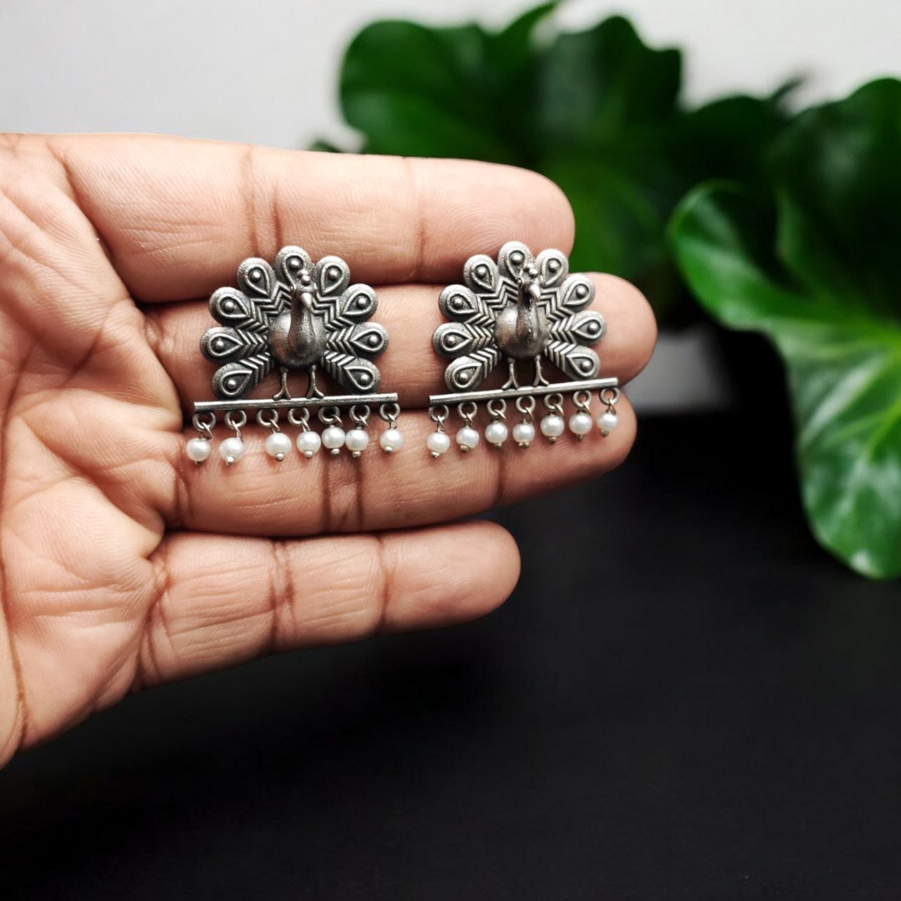 Traditional Oxidized Dancing Peacock Stud Earrings ? Silver Replica with Stunning Pearl Beads - Image 2
