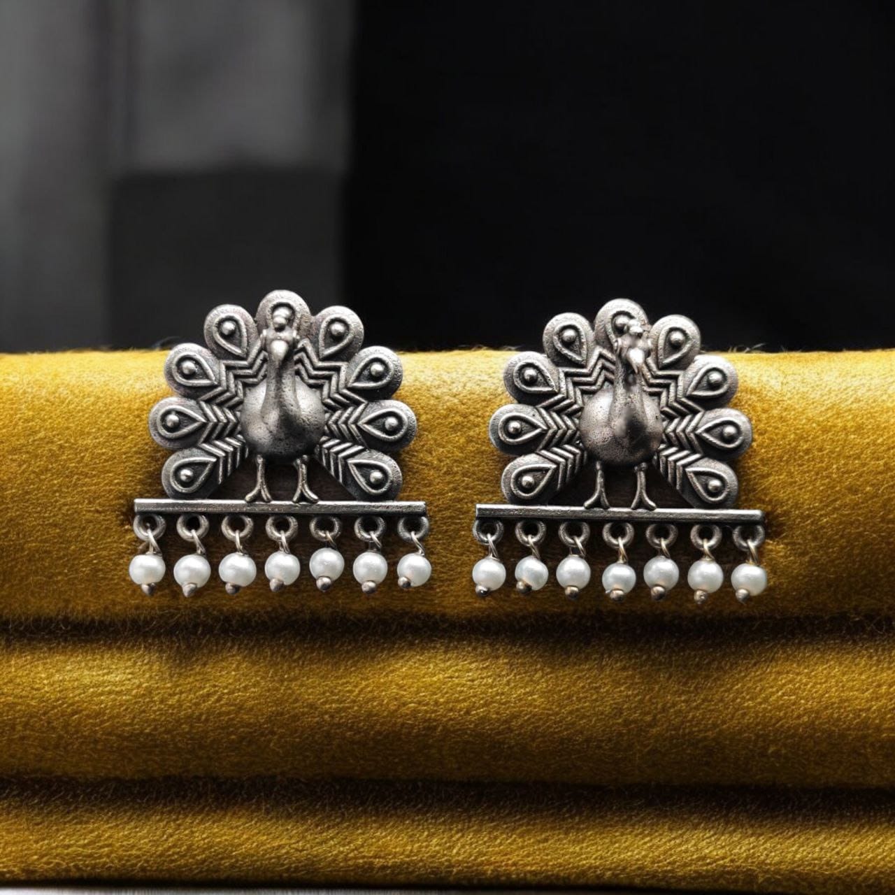 Traditional Oxidized Dancing Peacock Stud Earrings ? Silver Replica with Stunning Pearl Beads