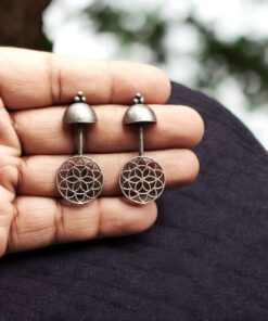 Alternative view of Lightweight Silver Replica Stud Earrings with Oxidized Filigree Work ? Perfect for Daily Wear