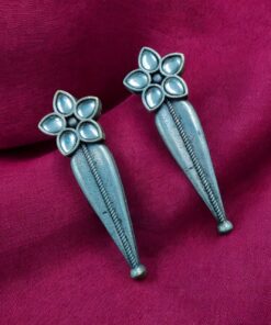 Alternative view of Oxidized Silver Stud Earrings with Flower Design & Adorable Delicate Stone Work