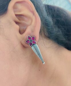 Oxidized Silver Stud Earrings with Flower Design & Adorable Delicate Stone Work