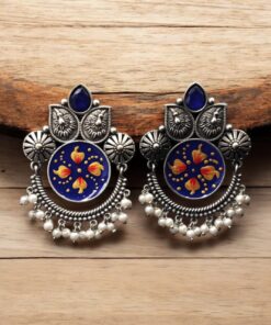 Oxidized Silver Replica Hand-Painted Stud Earrings with Beautiful Stone Work