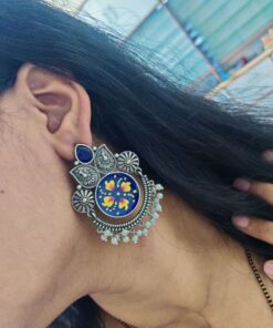 Alternative view of Oxidized Silver Replica Hand-Painted Stud Earrings with Beautiful Stone Work