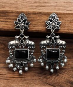 Lightweight Oxidized Nandi Earrings with Silver Touch & Beautiful Monalisa Stone