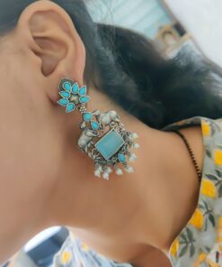 Alternative view of Lightweight Oxidized Nandi Earrings with Silver Touch & Beautiful Monalisa Stone