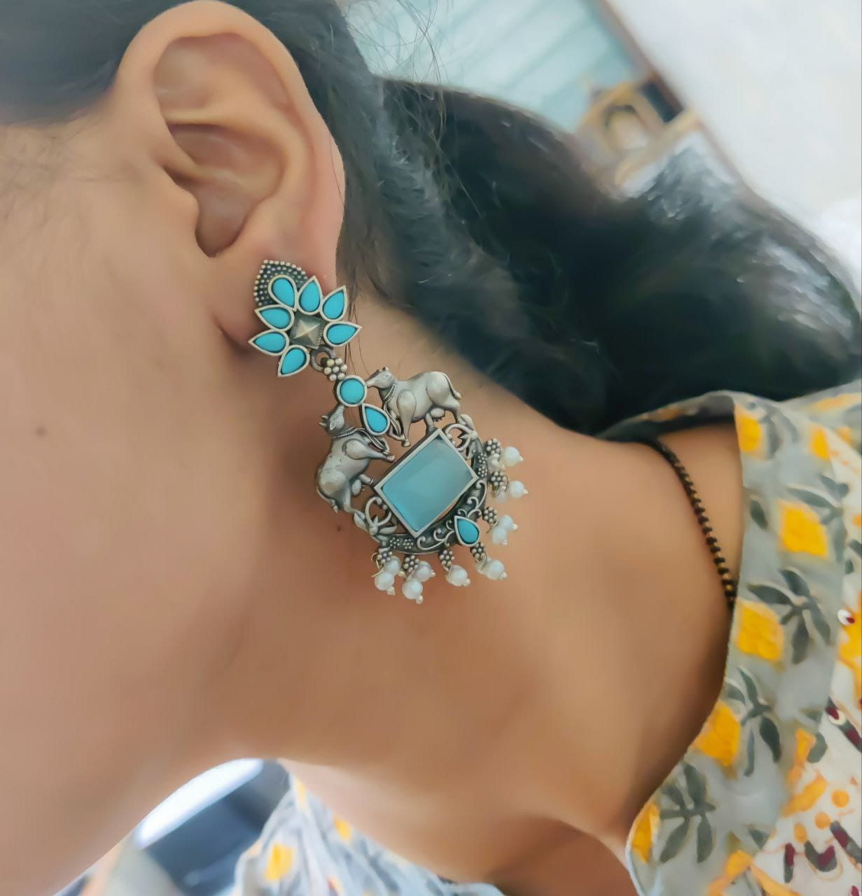 Lightweight Oxidized Nandi Earrings with Silver Touch & Beautiful Monalisa Stone - Image 2