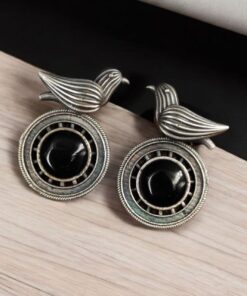 Silver Look alike Oxidized Bird Stud Earrings with Stunning Monalisa Stone