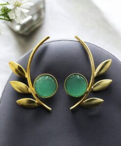 Alternative view of Western Style Gold-Plated Leaf Earrings with Monalisa Stone - Adorable Handmade jewelry