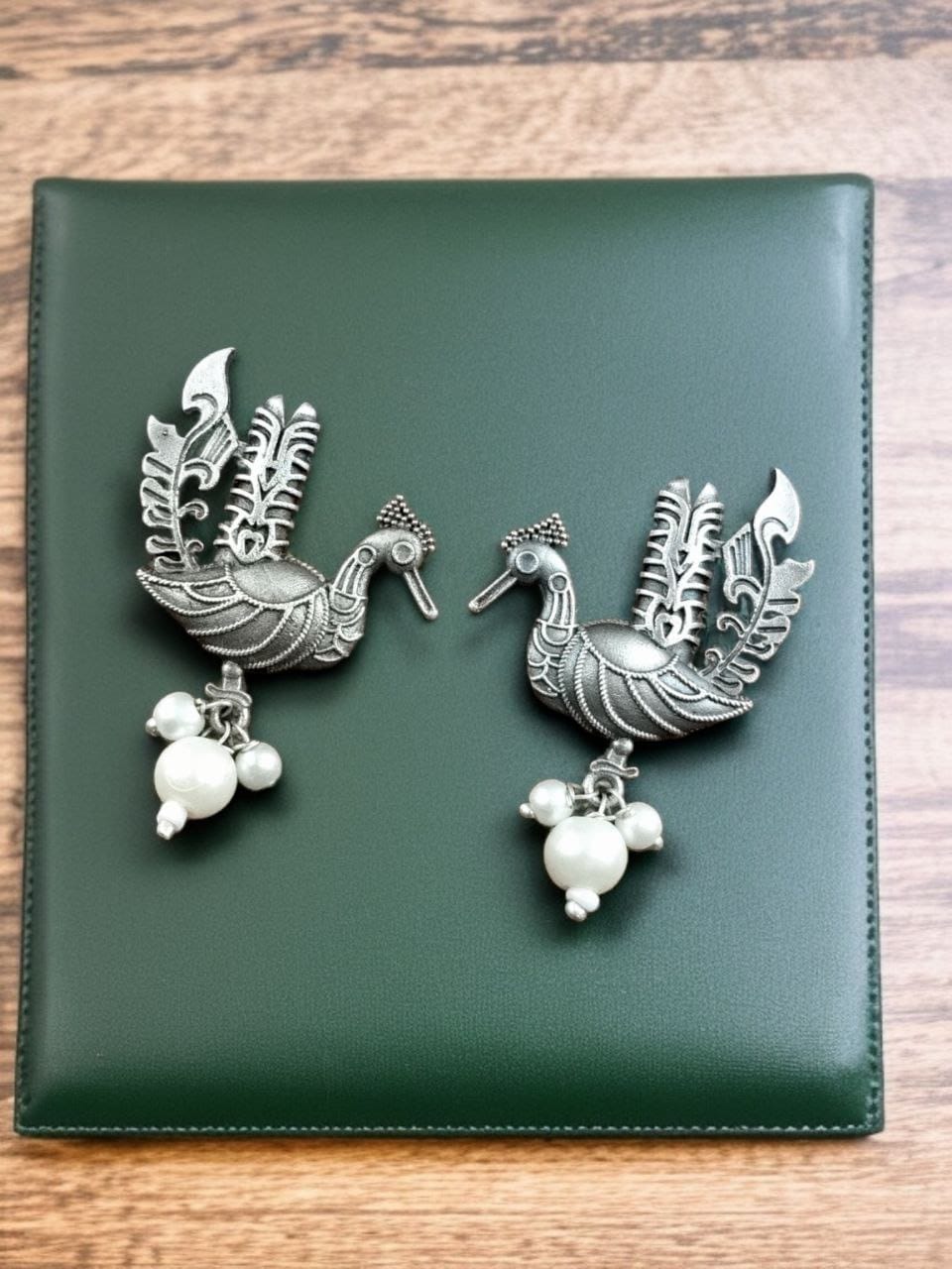 Ethnic Oxidized Peacock Stud Earrings in Silver Beautiful Look-Alike Design