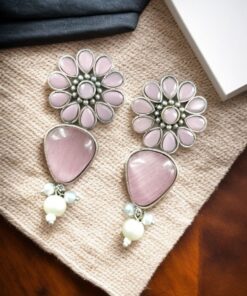 Alternative view of Silver Look Alike Stone Stud Earrings | Unique Flower Design Jewelry For Girls