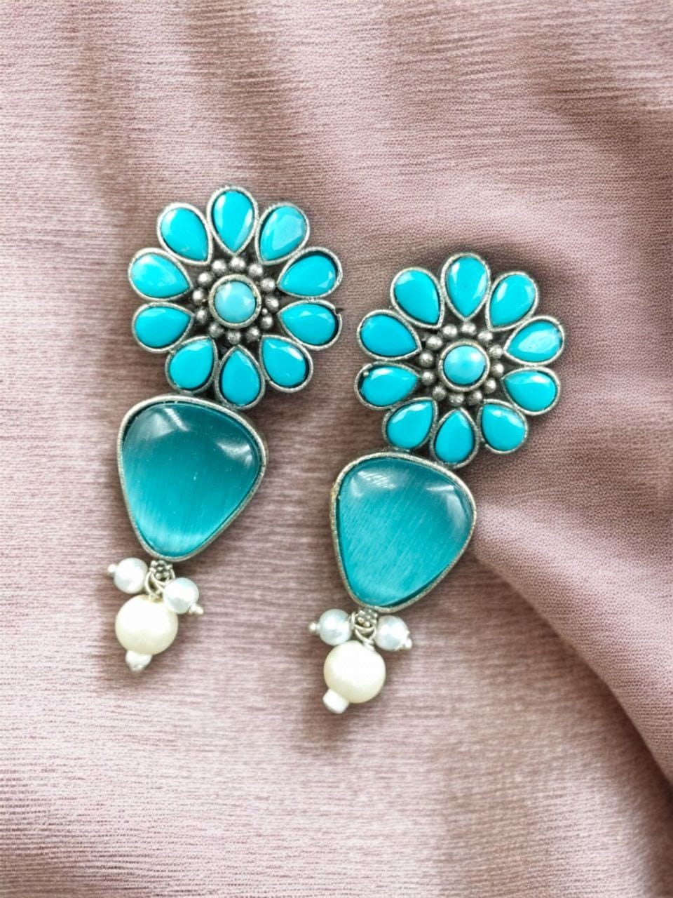 Silver Look Alike Stone Stud Earrings | Unique Flower Design Jewelry For Girls - Image 4