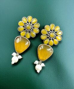 Silver Look Alike Stone Stud Earrings | Unique Flower Design Jewelry For Girls