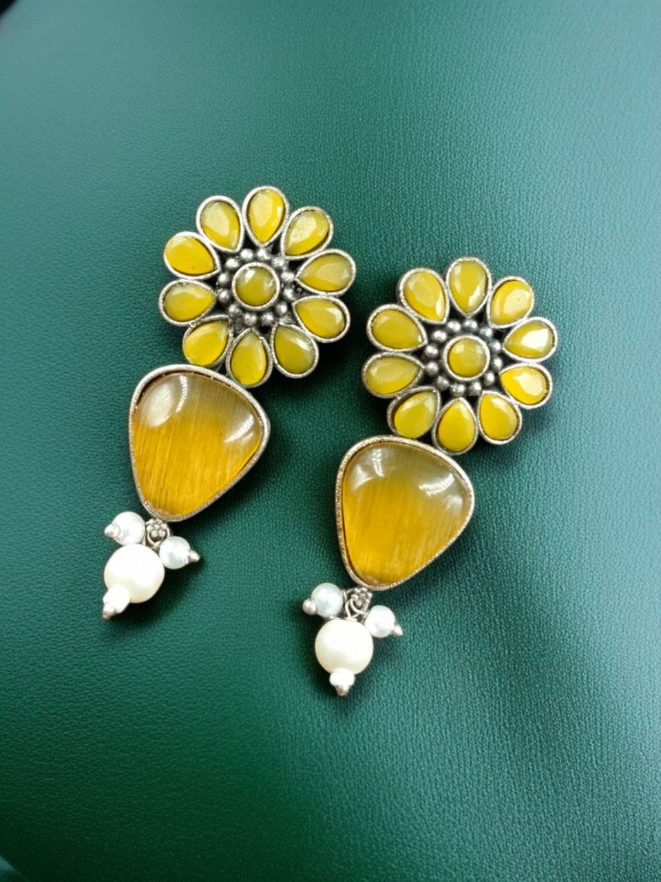 Silver Look Alike Stone Stud Earrings | Unique Flower Design Jewelry For Girls