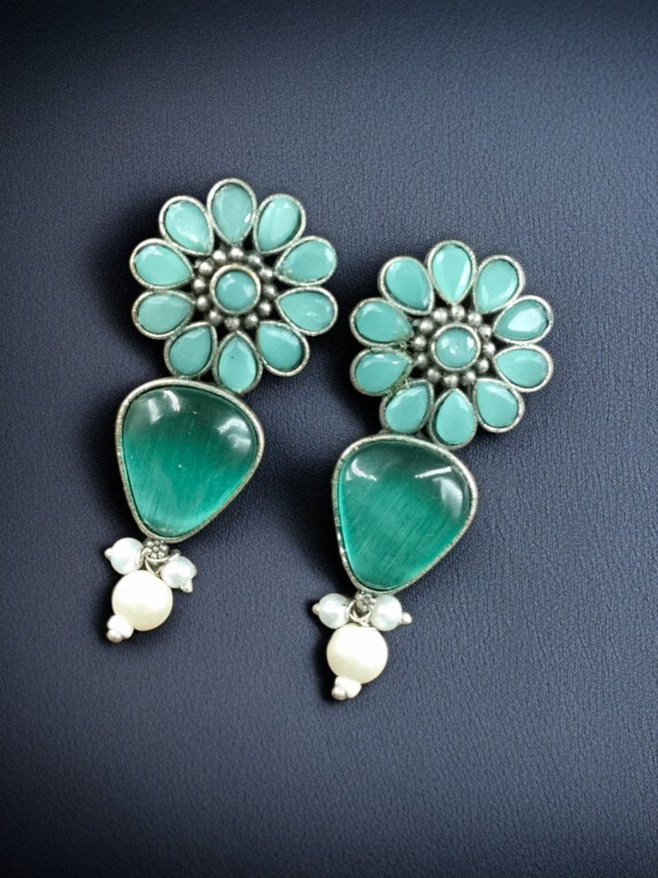 Silver Look Alike Stone Stud Earrings | Unique Flower Design Jewelry For Girls - Image 6