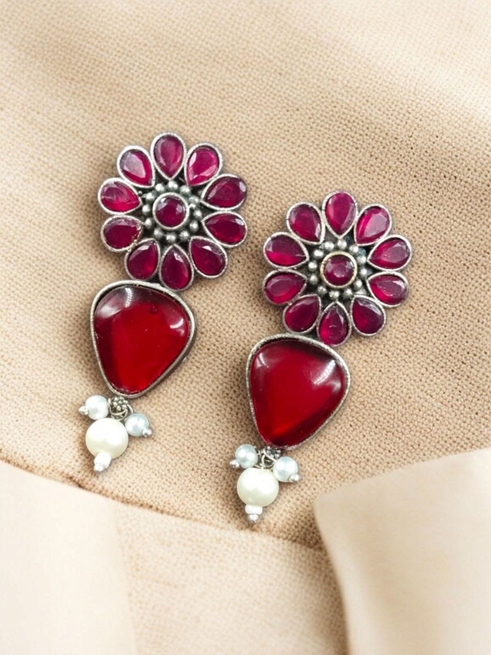 Silver Look Alike Stone Stud Earrings | Unique Flower Design Jewelry For Girls - Image 9