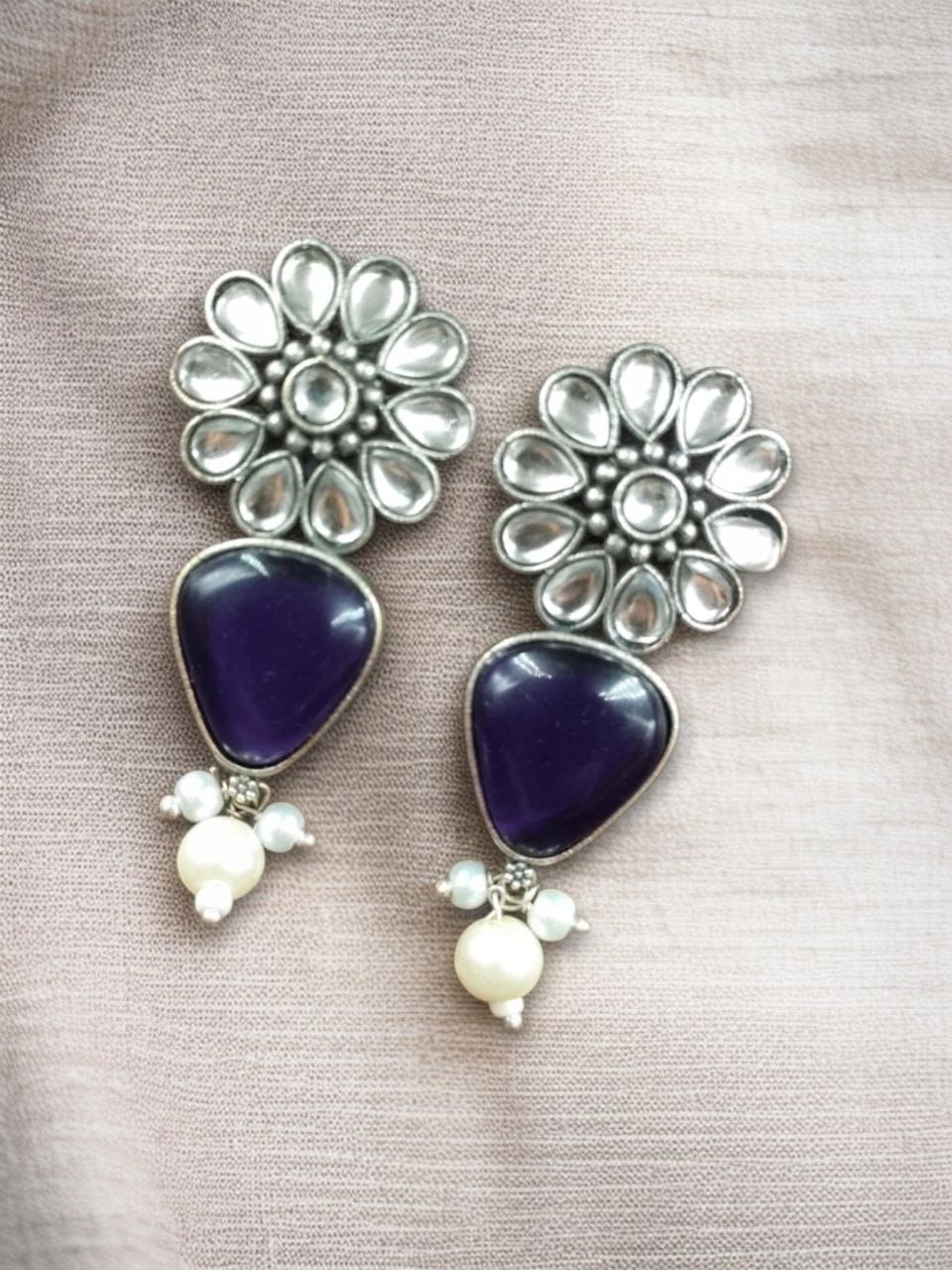 Silver Look Alike Stone Stud Earrings | Unique Flower Design Jewelry For Girls - Image 11