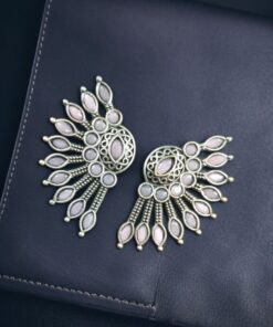 Alternative view of Handcrafted Ancient Feather Style Earrings | Silver Replica Wings Best Stone Work