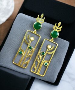 Alternative view of Premium Quality Gold Plated Stud Earrings | Aesthetic Leaf Style Stone Detail Jewellery