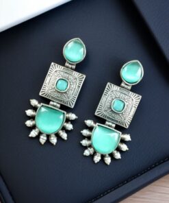 Traditional Beautiful Monalisa Stone Square Dangler Earrings | Silver Replica with Pearl Work