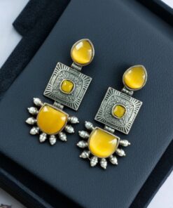 Alternative view of Traditional Beautiful Monalisa Stone Square Dangler Earrings | Silver Replica with Pearl Work