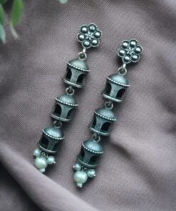 Alternative view of Traditional 3-Layer Beautiful Pearl Temple Earrings in Silver Replica Finish