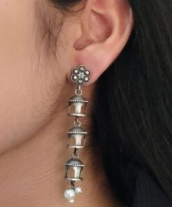 Traditional 3-Layer Beautiful Pearl Temple Earrings in Silver Replica Finish