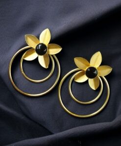 Alternative view of Designer Half-Circle Flower Earrings ? Beautiful Gold Plated Leaf & Stone Jewelry