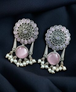 Handcrafted Silver Look Earrings ? Pearl & Monalisa Stone Beautiful Flower Studs