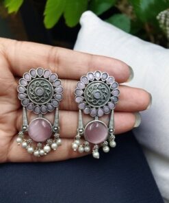 Alternative view of Handcrafted Silver Look Earrings ? Pearl & Monalisa Stone Beautiful Flower Studs