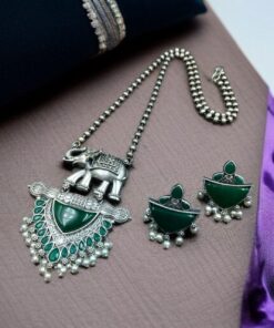 Alternative view of Traditional Oxidised Elephant Necklace Set with Best Monalisa Stone & Pearl Beads