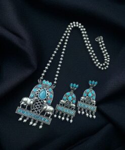 Alternative view of Silver Oxidized Nandi Pendant Necklace with Stone & Amazing Pearl work